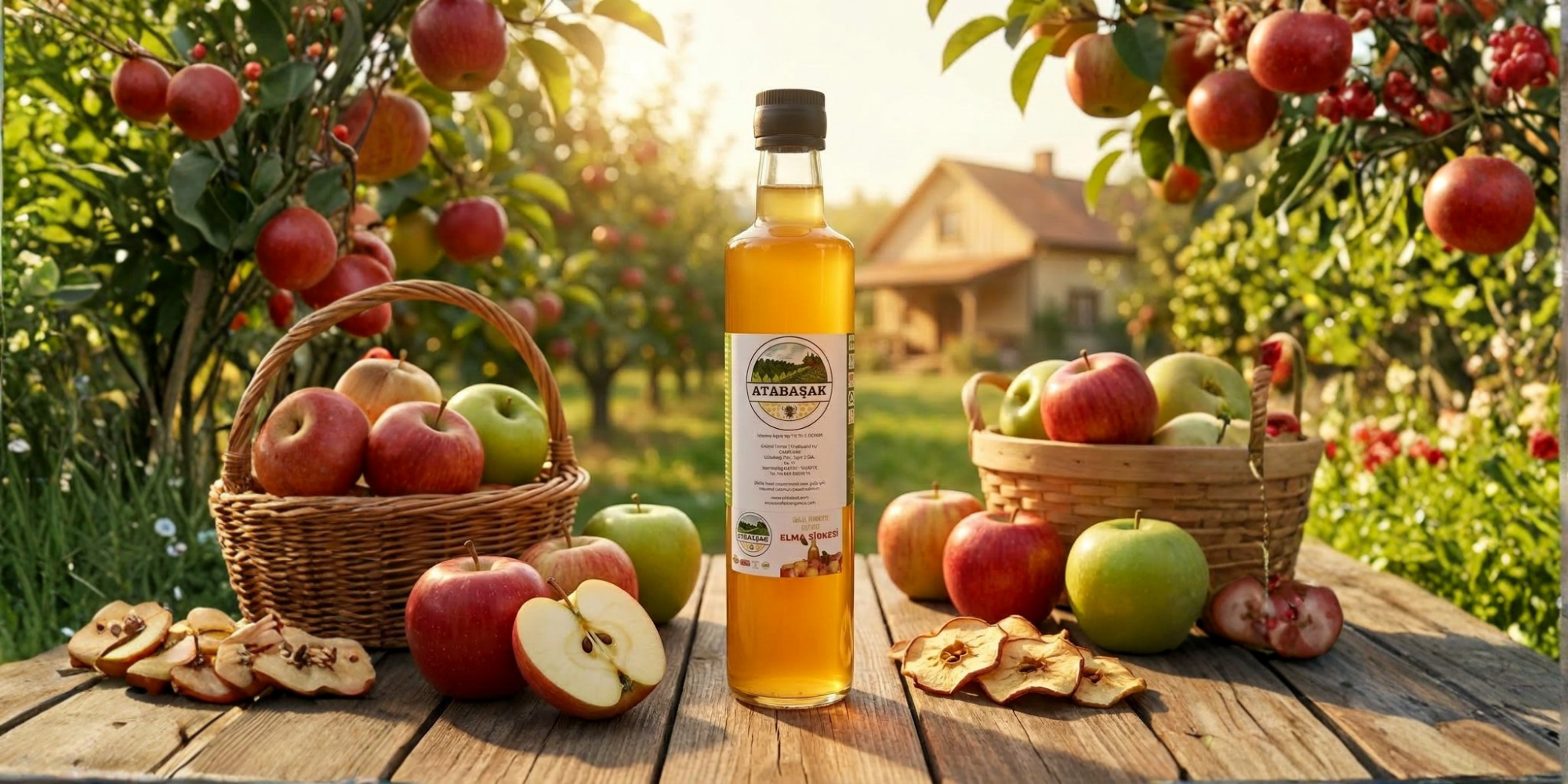 Geleneksel yöntemle üretilmiş doğal elma sirkesi ve alıç sirkesi şişeleri, filtrelenmemiş tortulu yapısıyla; BioFresh Organics doğal fermente ürünler