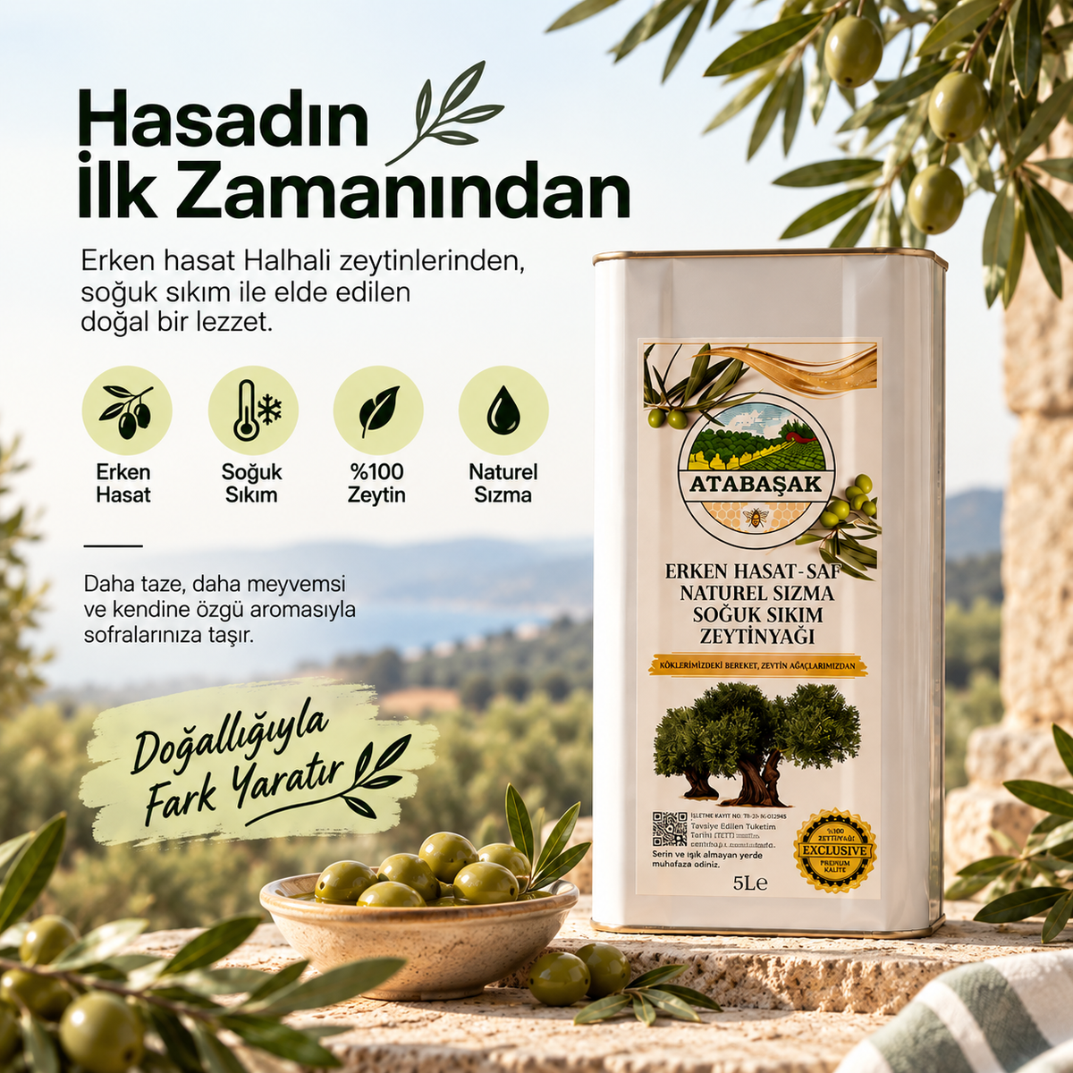 Erken Hasat Soğuk Sıkım Halhali Teneke Zeytinyağı