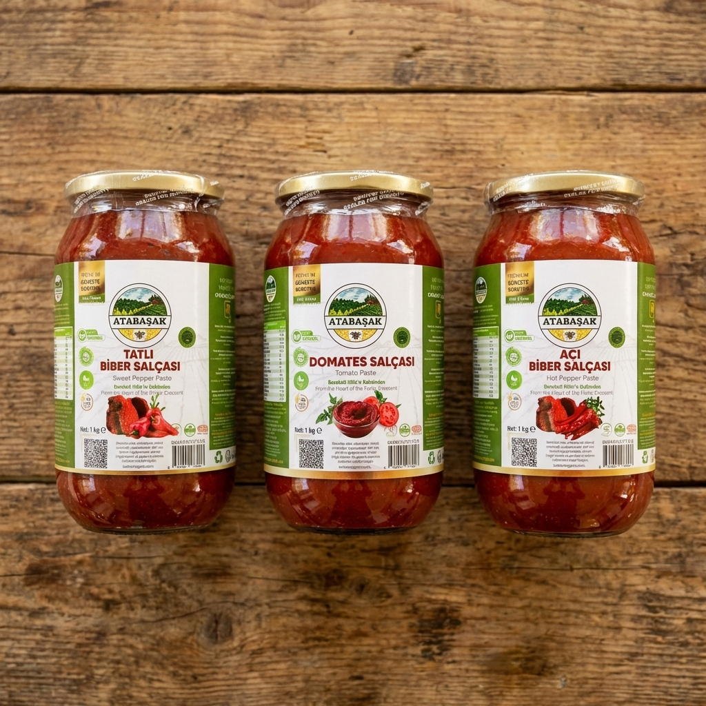 Güneşte kurutulmuş köy domatesi, tatlı ve acı biber salçası, geleneksel cam kavanoz, BioFresh Organics