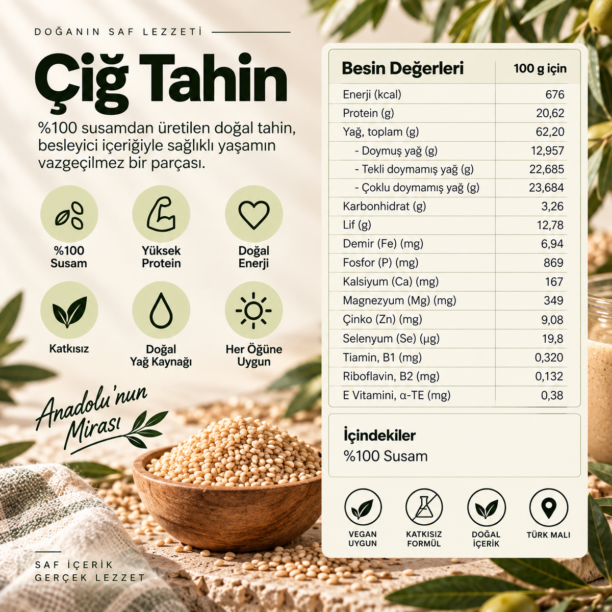 Doğal Atalık Özberk Tam Kepekli Çiğ Susam Tahini